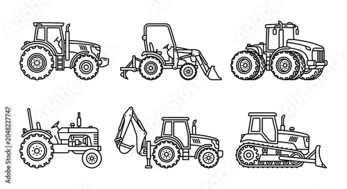 Quadro su tela Farm Tractors And Equipment Black And White Vector Illustration