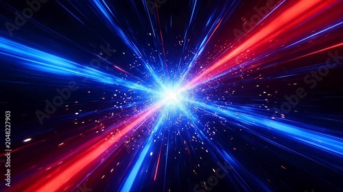 Red and blue light starburst with radiating beams on black background
