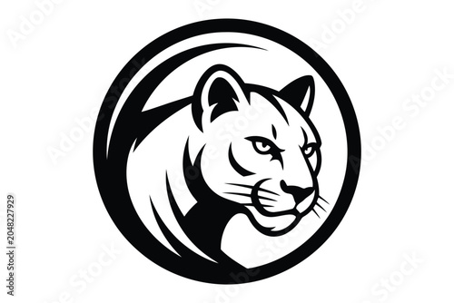 Circular black and white featuring the head of a mountain lion or cougar looking towards the right side