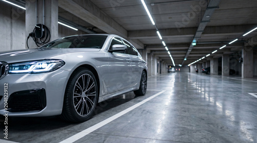 Modern luxury silver car parked in a dimly lit underground parking facility with an electric vehicle charging station mounted on a concrete pillar showcasing an elegant contemporary automotive design.