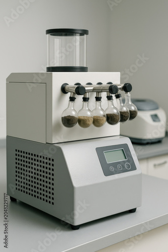 Freeze dryer with multiple flask attachment and digital display panel in microbiology laboratory setting for soil sample analysis
