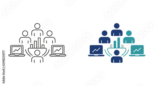 Foto Data analytics team meeting icon set with people surrounding laptop screens and