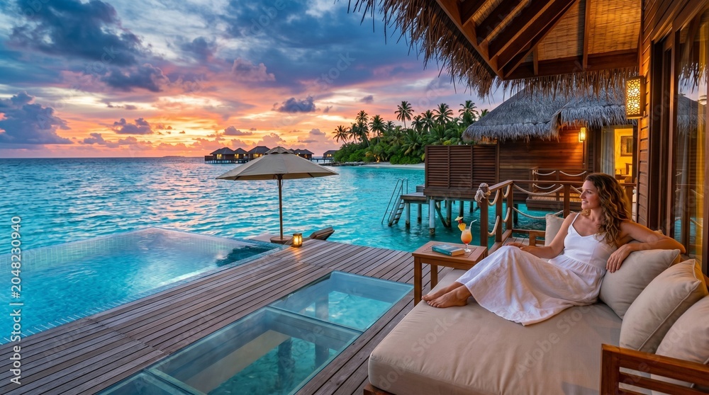 Fototapeta premium Luxury tropical overwater bungalow at sunset with a woman enjoying the ocean view.