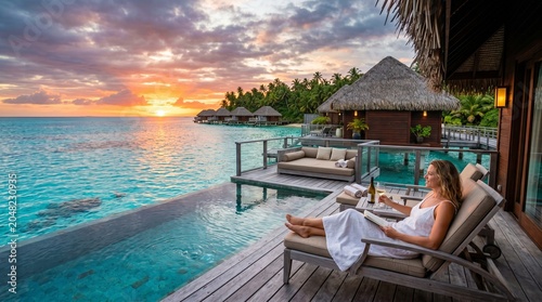 Luxury tropical overwater bungalow at sunset with a woman enjoying the ocean view.