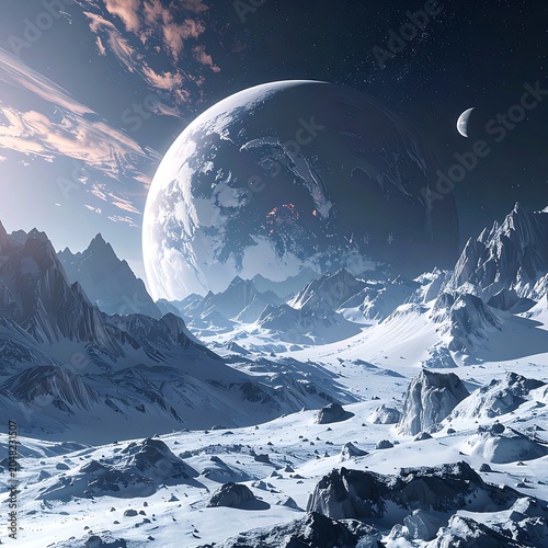 Snowy mountain landscape with large planet.