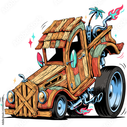 Cartoon Wooden Hot Rod Hut Boards Outrageous Whimsical Car With Tropical Surf Style Illustration on a Transparent Background 