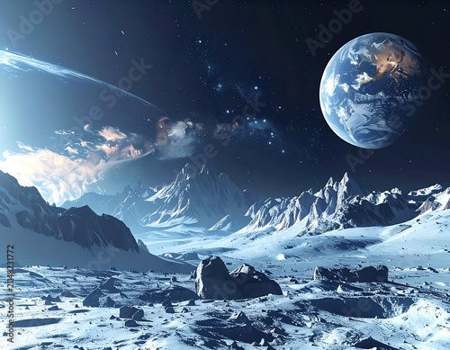 Space Landscape with Planet and Mountains.