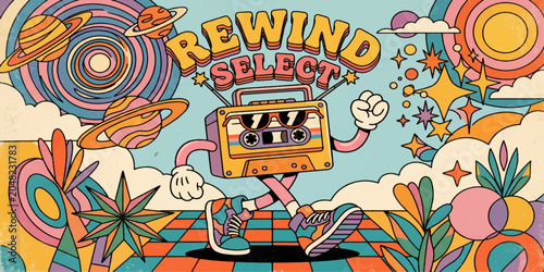 Retro Rewind: A vibrant and whimsical illustration of a dancing cassette tape, complete with arms and legs, set against a psychedelic backdrop of swirling colors, planets, and abstract shapes.