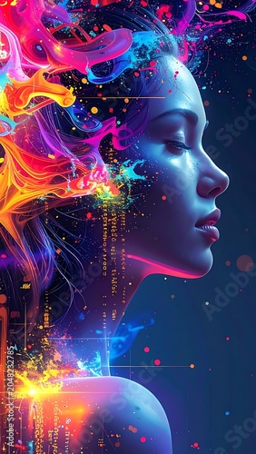 Woman with colorful abstract art background.