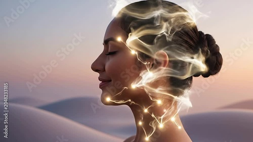 Serene Profile of a Woman with Glowing Lights and Ethereal Wisps in a Tranquil Desert Landscape During Sunset