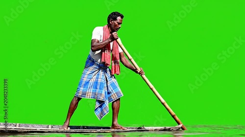 Traditional Man Paddling A Boat On Green Screen Background, Dynamic Motion For Video Production