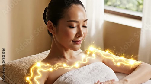 Woman Enjoying Spa Treatment with Glowing Energy Lines Emphasizing Wellness and Relaxation in Serene Indoor Setting