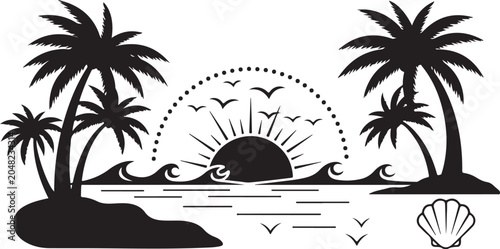 Foto Black and white of a sea turtle swimming in ocean waves with tropical palm leave
