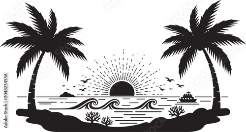 Canvas Print Tropical beach scene with palm trees and a sea turtle swimming in clear waters o