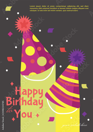Happy Birthday Party Hats Greeting Card Vector with Colorful Celebration Decorations