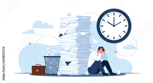 Overwhelmed office worker sitting on the floor in despair next to an enormous stack of paperwork under a large ticking clock face.
