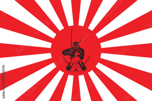 Fotografija Japanese Rising Sun Flag with Samurai Warrior and Kneeling Ronin Vector