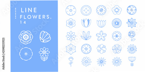Tableau sur toile Floral Ornament Collection Blue Line Drawings On White Background