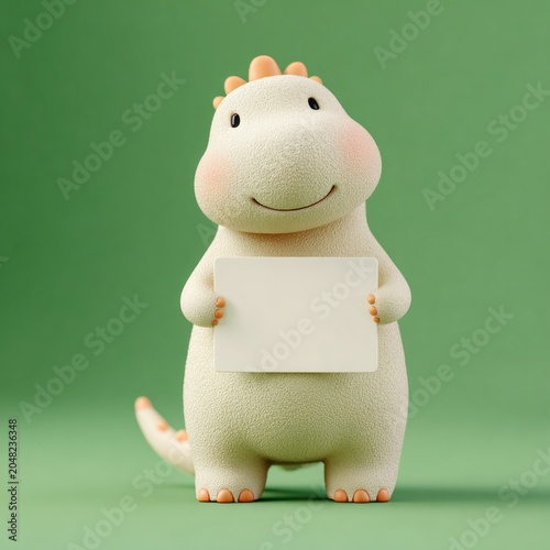 Cute Chubby Dinosaur Character Holding Blank Sign