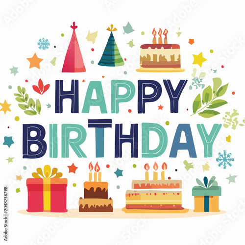 Happy Birthday Greeting with Cakes, Gifts, and Party Hats