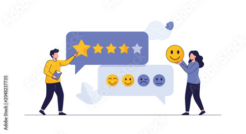 Man and woman interacting with large speech bubbles containing star ratings and emoji faces to give and receive customer feedback and satisfaction.