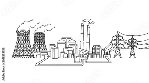 Obraz na plátně Continuous line art illustration of an industrial power plant complex with cooling towers and transmission towers