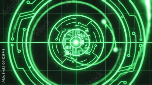 Abstract Digital Radar Interface with Green Circuitry Patterns