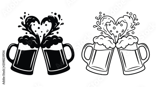 Foto Two beer mugs clinking with heart shaped foam black and white vector illustratio