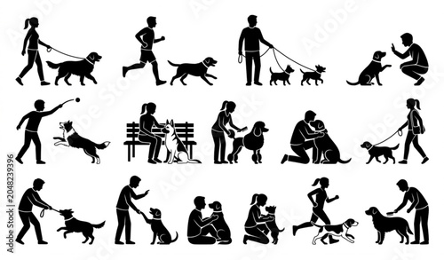 People with dogs black silhouette collection vector isolated on white background