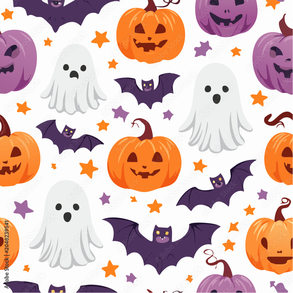 Fototapeta premium Halloween seamless pattern with pumpkins ghosts and bats.