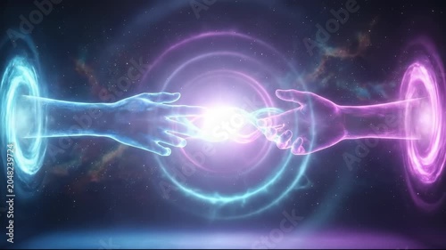 Two Glowing Hands Reaching Through Portals in Space