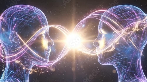 Two Glowing Digital Heads Connecting with Light Energy Waves