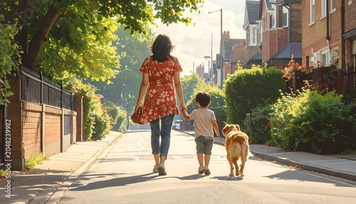 A woman and a child walk down a residential street with a golden retriever, bathed in sunlight, surrounded by greenery