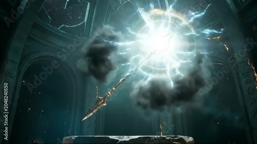 Magical Staff Floating with Bright Glowing Energy Rings