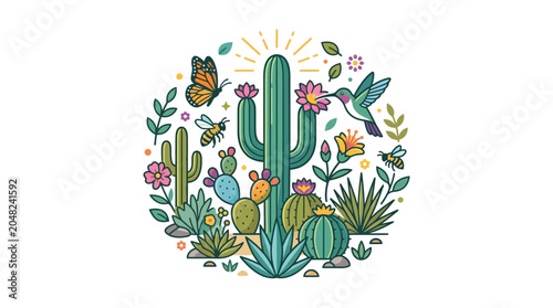 Fotografie Desert Life: Hummingbird, Butterfly, Bees, and Cacti in Circle