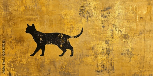 Dynamic cat silhouette on textured golden background artistic design home decor abstract concept