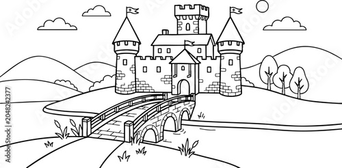 Medieval Castle with Stone Bridge Coloring Page Illustration