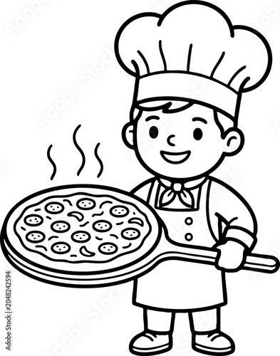 Cartoon chef holding fresh pepperoni pizza illustration