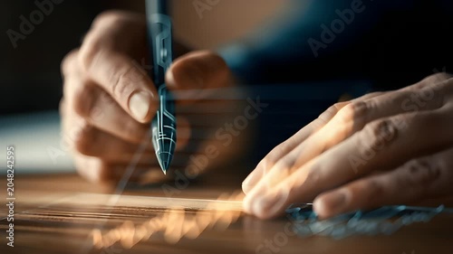 Close-up of hands writing with pen on wooden desk in soft light