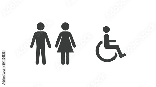 Simple black restroom sign featuring male female and disabled person icons