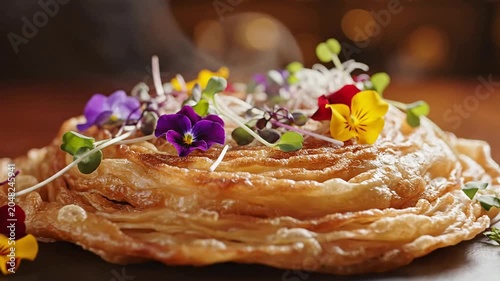 Gourmet Pastry Decorated With Edible Flowers On Rustic Slate Serving Board For Elegant Culinary Presentation