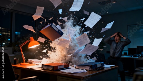 Dramatic explosion of paperwork and files from an office desk
