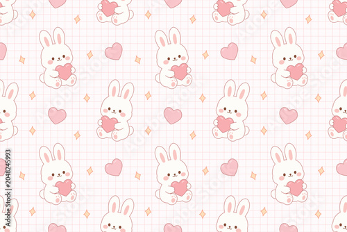 Cute Bunny Holding Heart with Strawberry and Bow Seamless Pattern