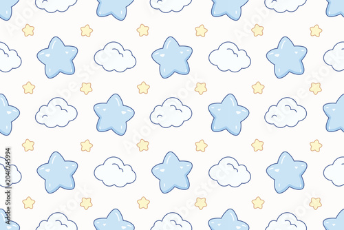 Cute Blue Stars and Clouds Seamless Nursery Pattern Background