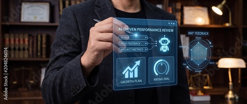 Ai driven performance review interface displays growth plan rating dial and 360 feedback chart with human hand interacting via stylus in a modern office setting emphasizing digital transformation