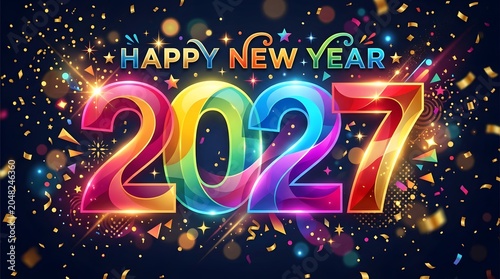 Happy New Year 2027 Celebration Background with Colorful Neon Numbers and Golden Confetti