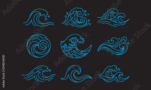 Ocean Wave, Sea Water & Nautical Line Art Icons Collection