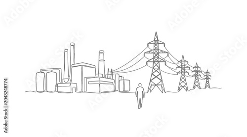 Cuadro en lienzo Continuous one line drawing of a power plant and electricity transmission towers