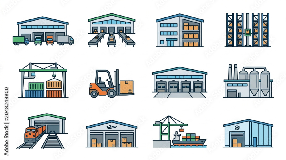 Fototapeta premium Illustrations of Various Logistics and Warehouse Facilities