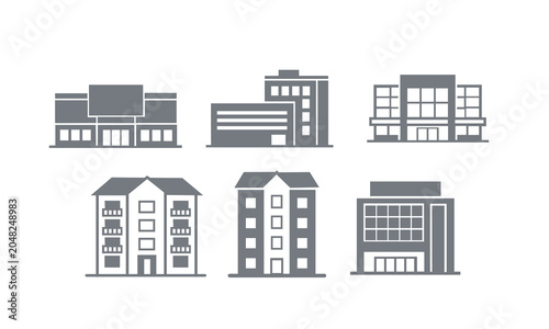 Residential and Commercial Building Icons Set with Modern Architecture Designs